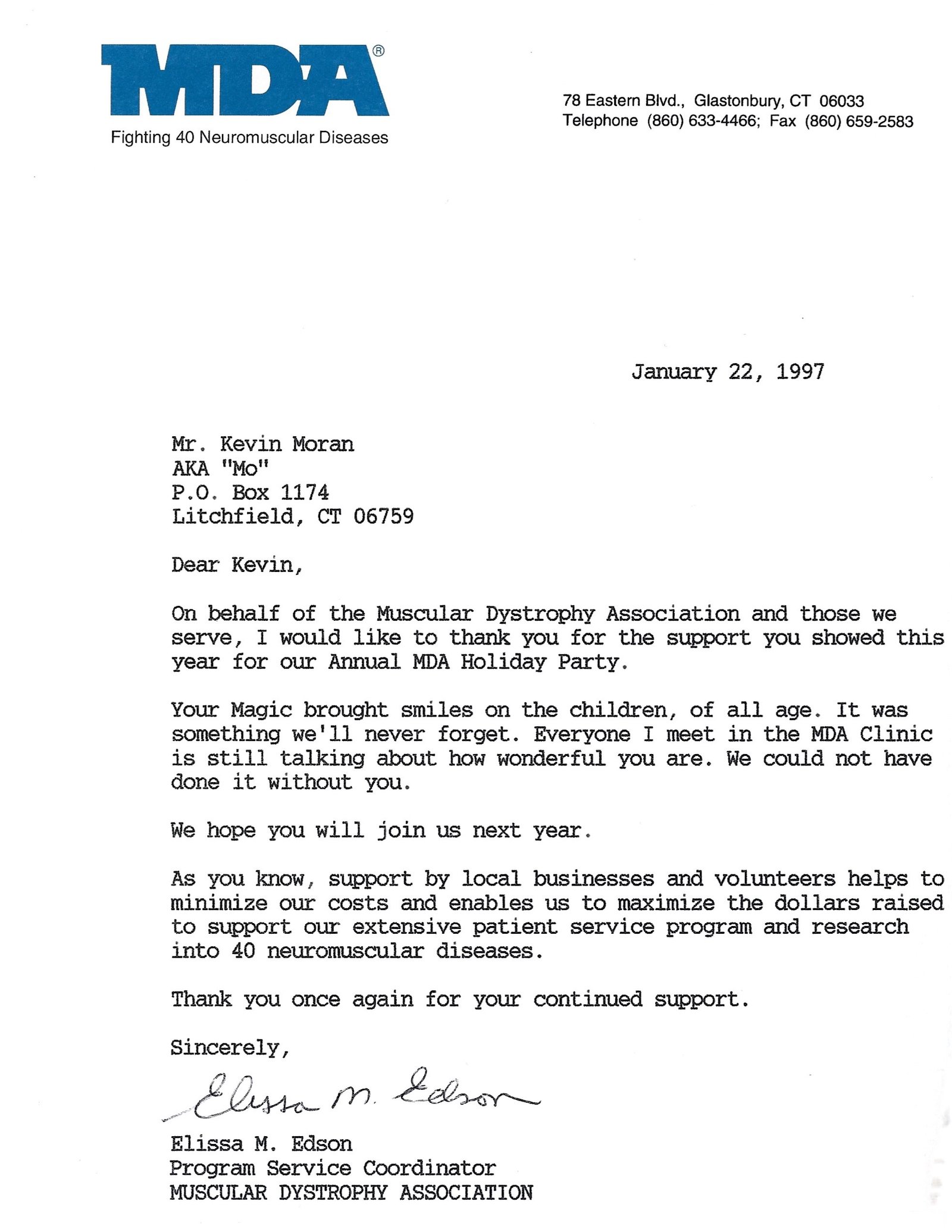 Scan of a handwritten thank‑you note praising the show